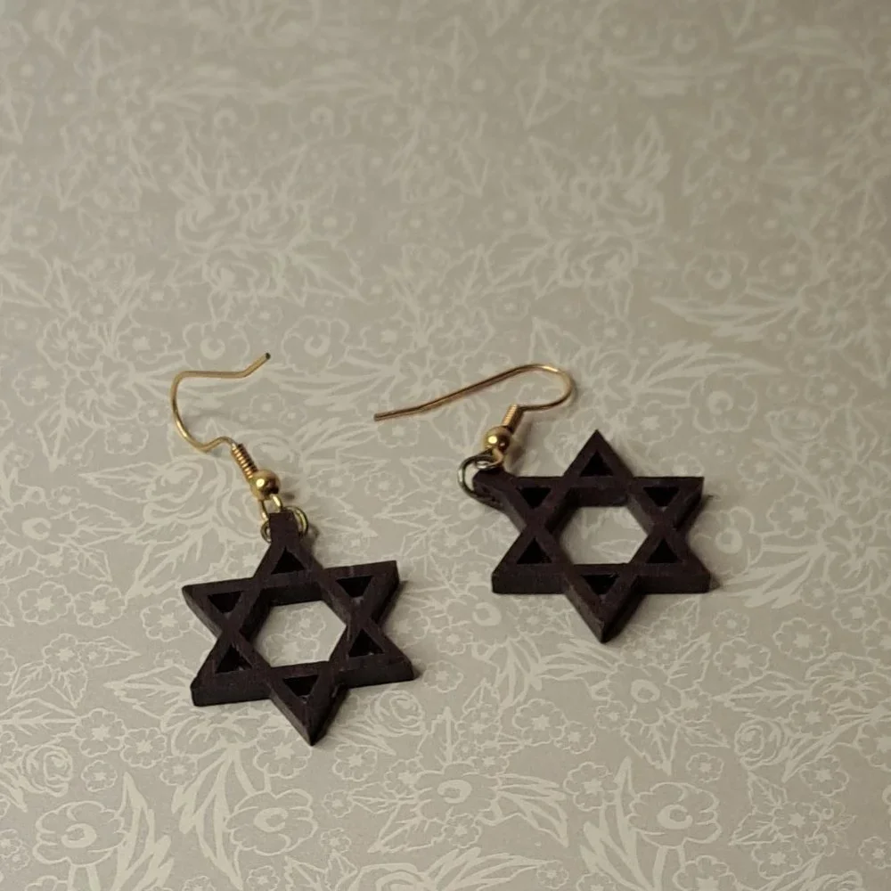 VINTAGE Wood Star of David Earrings - Picture 5 of 7